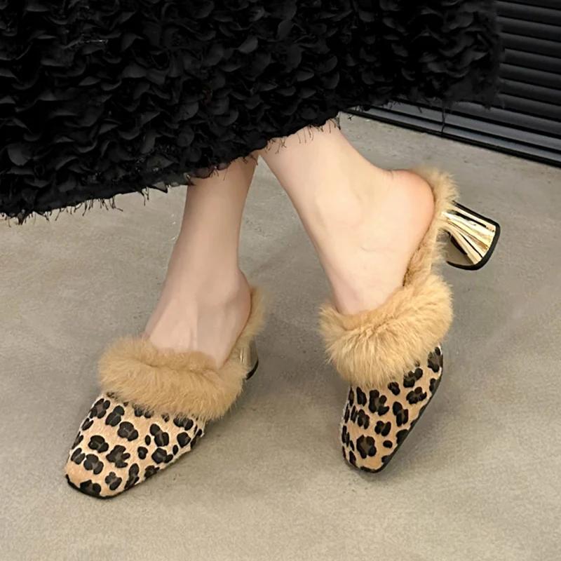 Fur Chunky Women Cotton Slippers Square Toe Short Plush Fad High Heels Mules Shoes 2025 Trend Winter Sexy Pumps Femme Chaussures