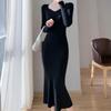 Women's Blue Knitted Fishtail Dress: Slim Fit, Waist-Cinching, Hip-Hugging Long Skirt for Autumn/Winter.