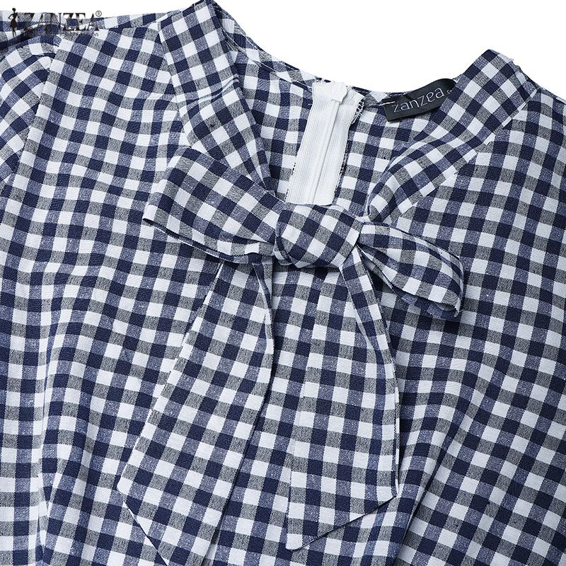 ZANZEA Women Bows Collar Summer Casual Short Sleeve Grid Print Dress