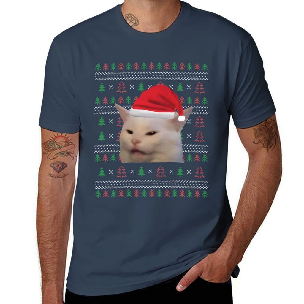 WoUnisex Yelling At Cat Ugly Christmas Sweater Funny Memes T-Shirt Streetwear Print Tee Shirt