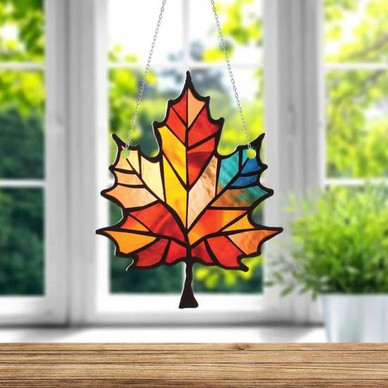 Lønneblad Solfanger Hengende Dekorasjon Thanksgiving Dag Høst Farget Glass 2D Flat Akrylglass Vindu Vegghengende Skilt Ornament