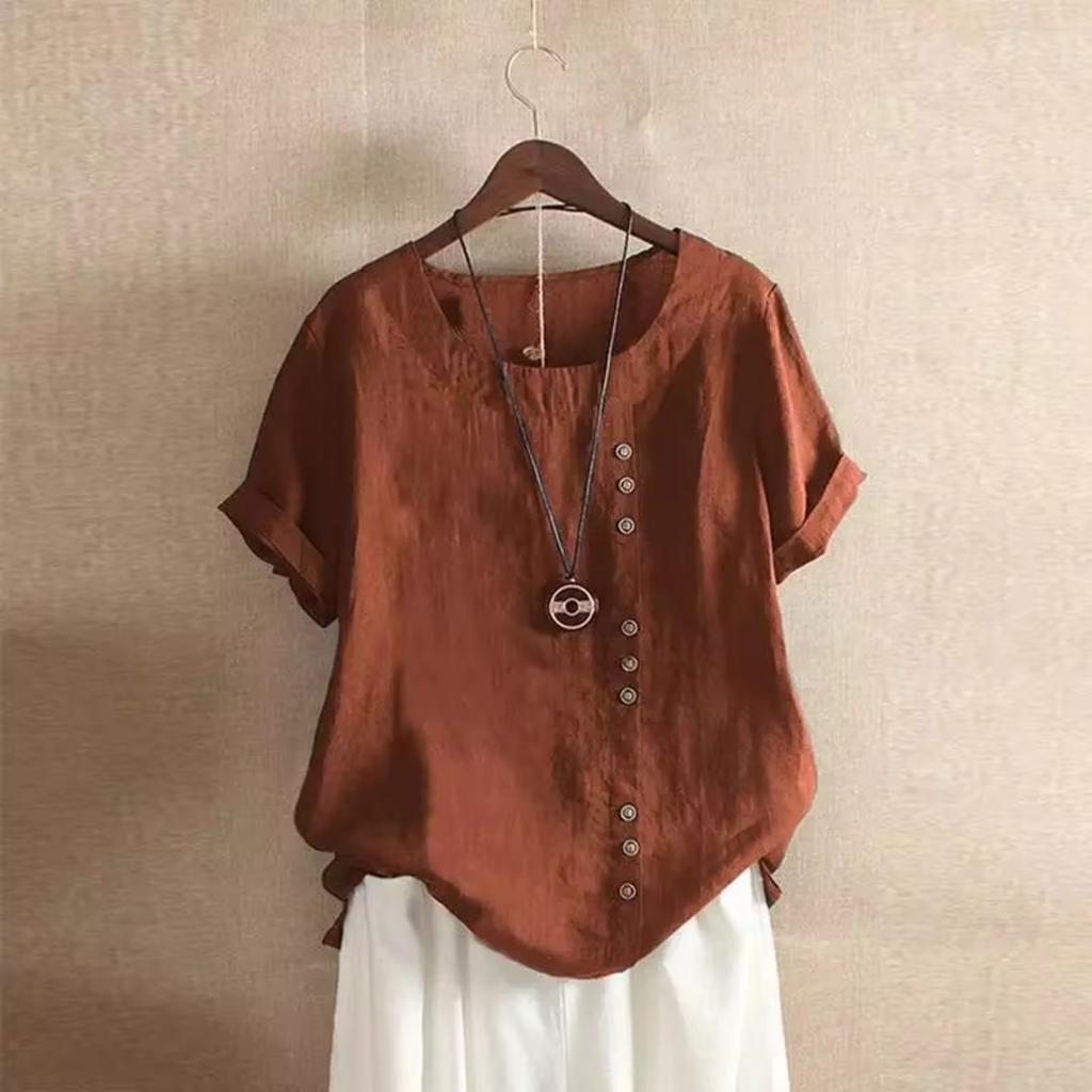 18 Colors S-5XL Women Cotton Linen Button Blouse Summer Female O-Neck Short Sleeve Solid Shirt Tops