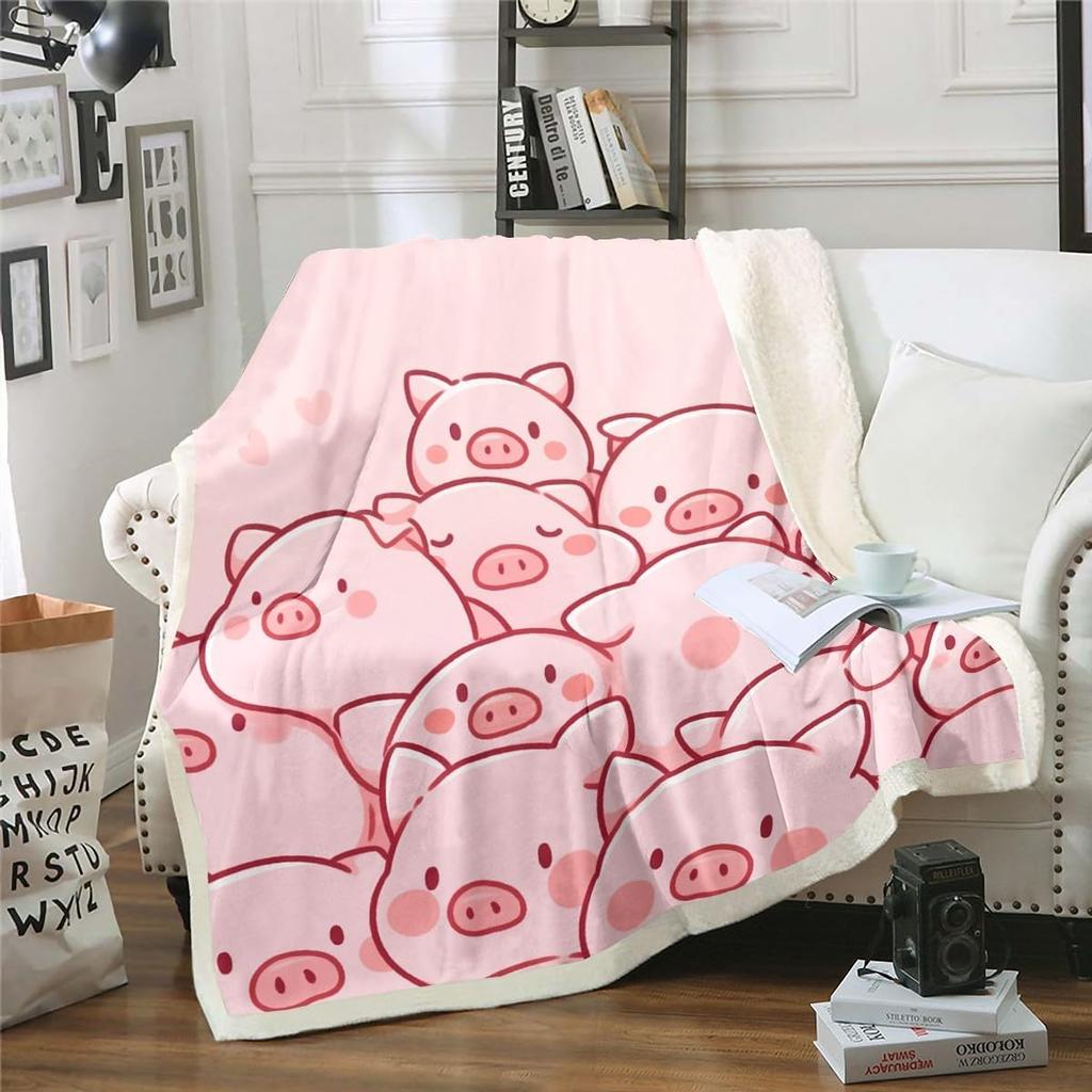 Pink Pig Flower Rose Flannel Blanket for Bed Sofa Portable Soft Fleece Throw Blankets Funny Plush Bedspread Queen King Twin Size