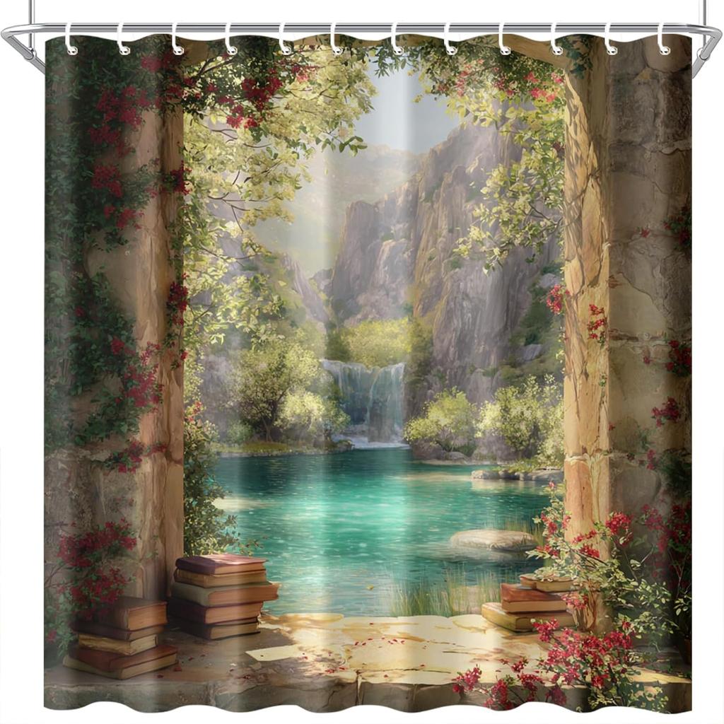 Waterfall Window View Shower Curtain Mountain Lake Scene Fabric for Rustic Country Bathroom Decor Nature Landscape Style