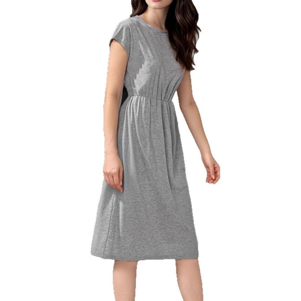 Women's Dress Short-sleeved Round Neck Solid Color Casual and Elegant Knee-length Dress