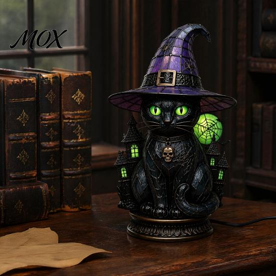 Luce Notturna Decorativa di Halloween Gatto Nero Cappello da Strega Lampada da Tavolo, con Luce Viola Onirica, Ornamento Gotico Estetica Oscura Ornamento Retrò, per Camera da Letto