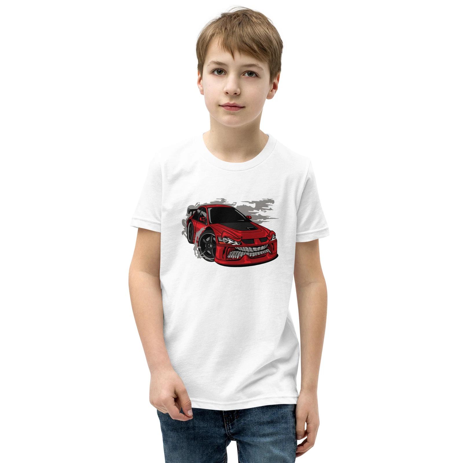 Monster Drift Car Youth T-Shirt, Children`s Kids Cartoon Comic Racing Motor XS