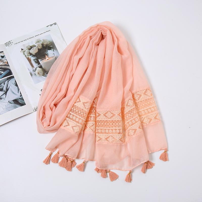 Premium Quality Cotton Hijab Scarf Women Hollow Out Lace Edge Tassels Long Shawl Muslim Soft Plain Headband Hijab Turban