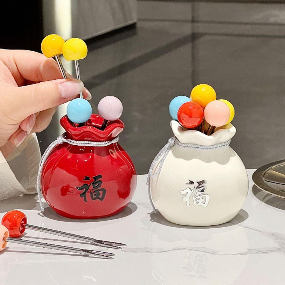 Creative Fu Bag-shaped Fruit Fork Set Anti-scald Decorative Blessing Bag Fruit Fork Storage Set Comfortable Grip Ceramic Jar