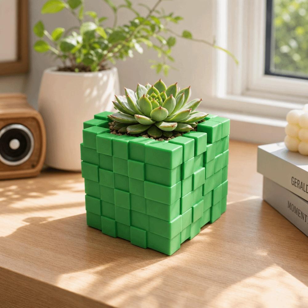 Ornaments 3D Printed Cube Flower Pot Building Block Style Creative Succulent Plant Pot Vase Home Decoration Bookshelf