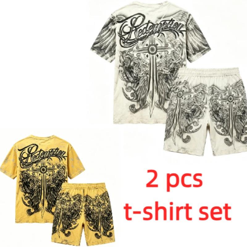 Sommer Gotischer Stil Kreuzschwert Aufdruck Rundhals Kurzarm T-Shirt und Shorts Set Herren und Damen T-Shirt Shorts Set