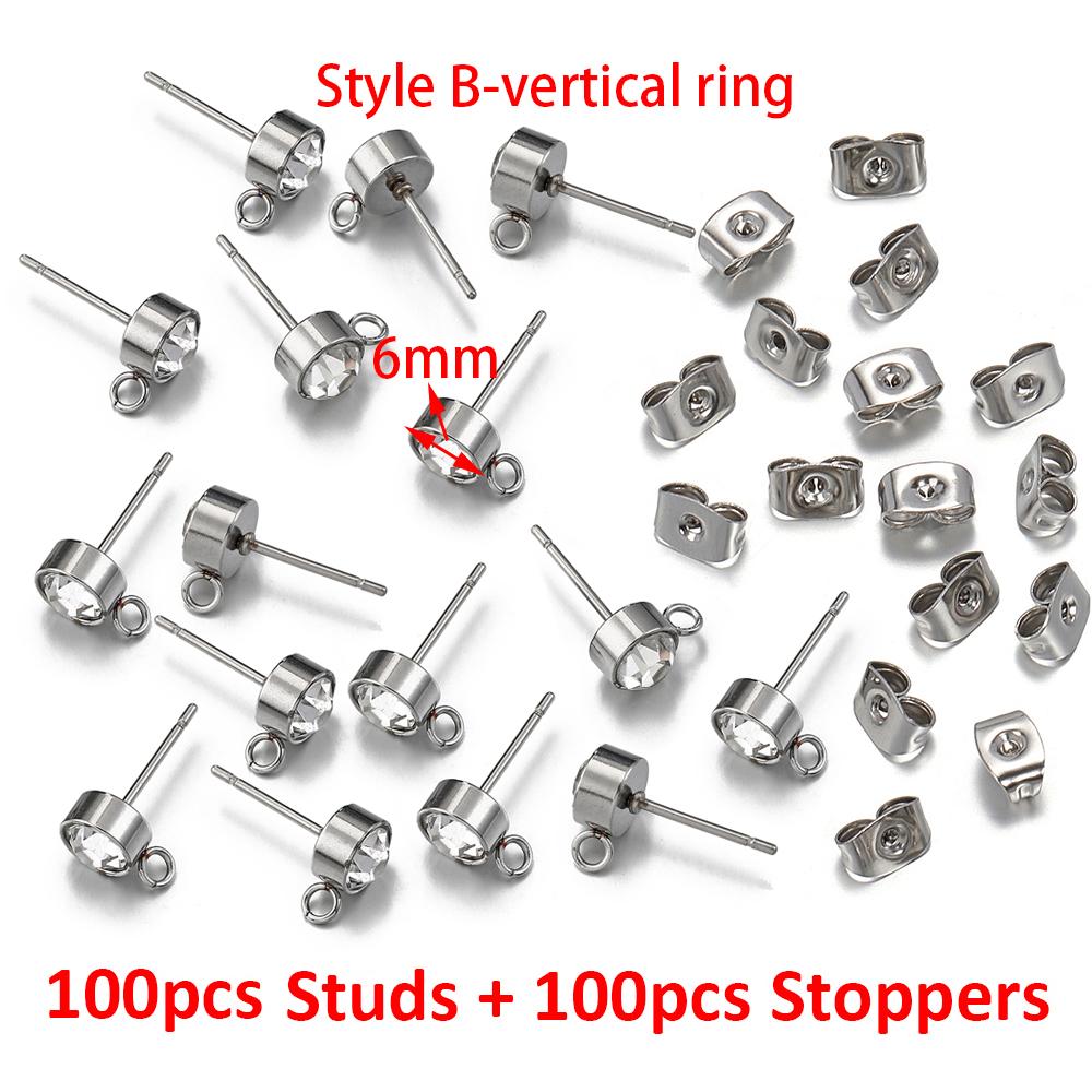 100pcs/20pcs 4mm Stainless Steel Ear Studs Rhinestone Earring Posts with Loop Rings for Earrings Jewelry Making DIY Wholesale