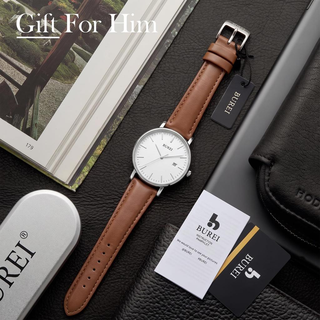 Leather Date Business Slim Watch M [BUREI] Men's Watch, Simple, Business, Waterproof, Analog, Stylish, Popular, Display, Brand, Gentleman's Men's