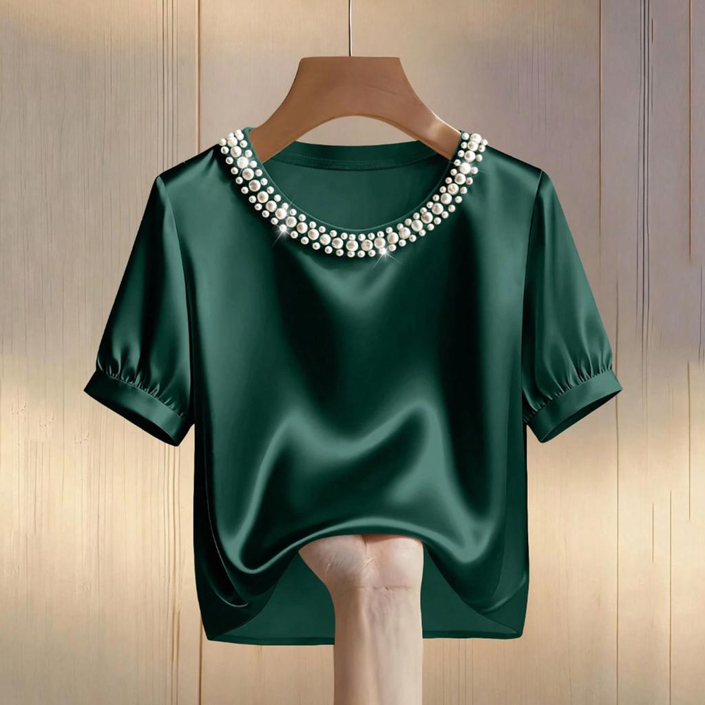 Damen-T-Shirt mit Satin-Perlenmuster, Rundhalsausschnitt und kurzen Ärmeln, lässiges Oberteil