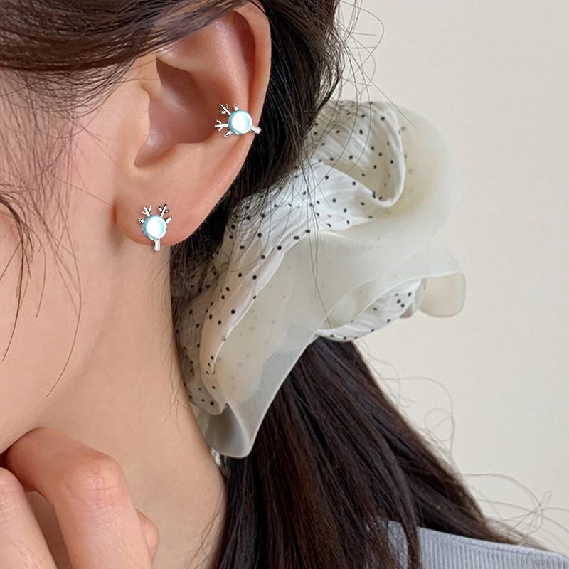 Reindeer Antler Blue Zircon Ear Cuff - Transparent Clip for Students & Best Friends, Christmas Gift