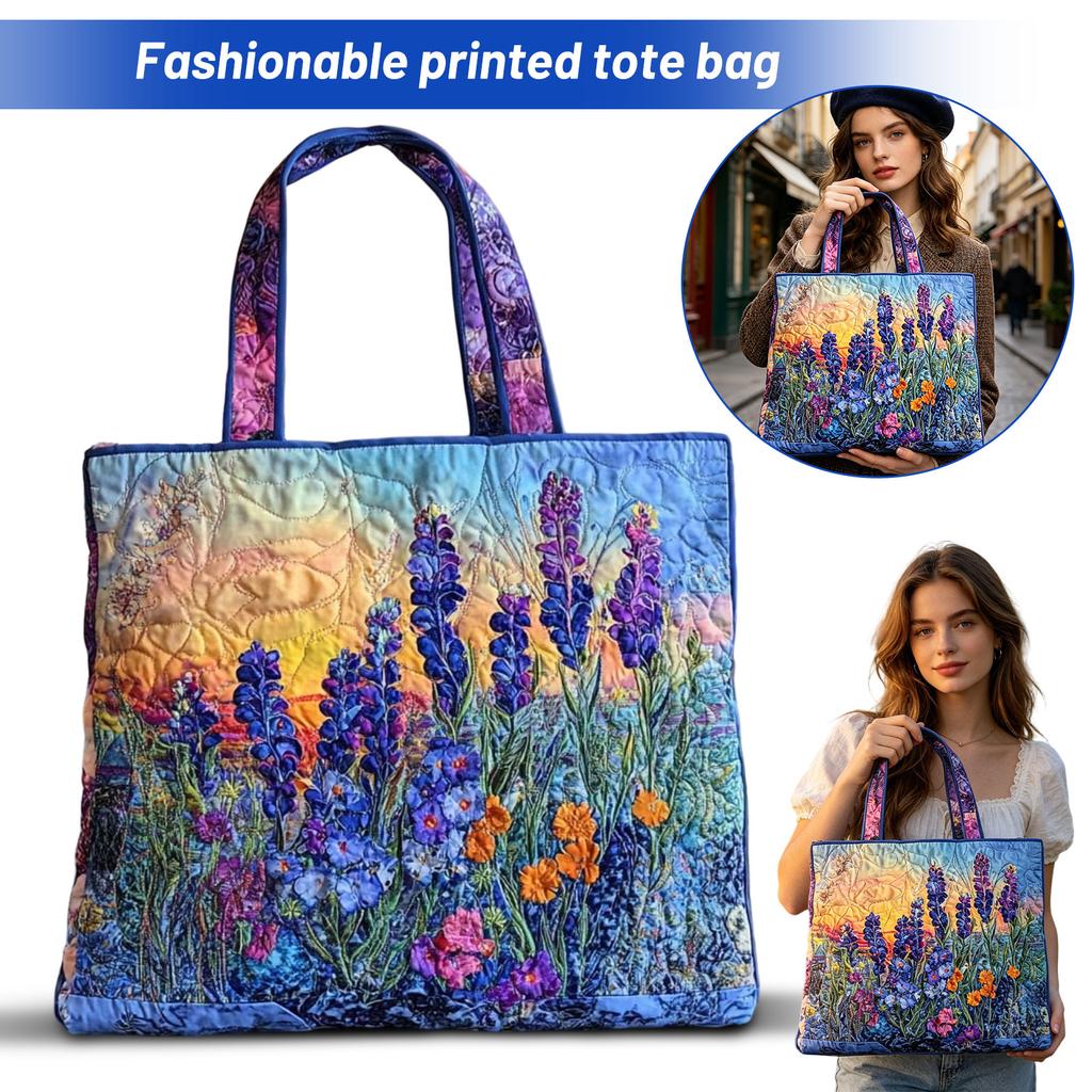Quilted Tote Bag with Digital Floral Print Pattern Spacious Handbag Durable Fabric Multi-Purpose Carrying Bag for Everyday Use