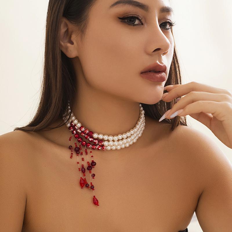 Multilayer Vintage Red Blood Pattern Imitation Pearl Tassel Pendant Necklace for Women Goth Crystal Bead Chain Halloween Jewelry