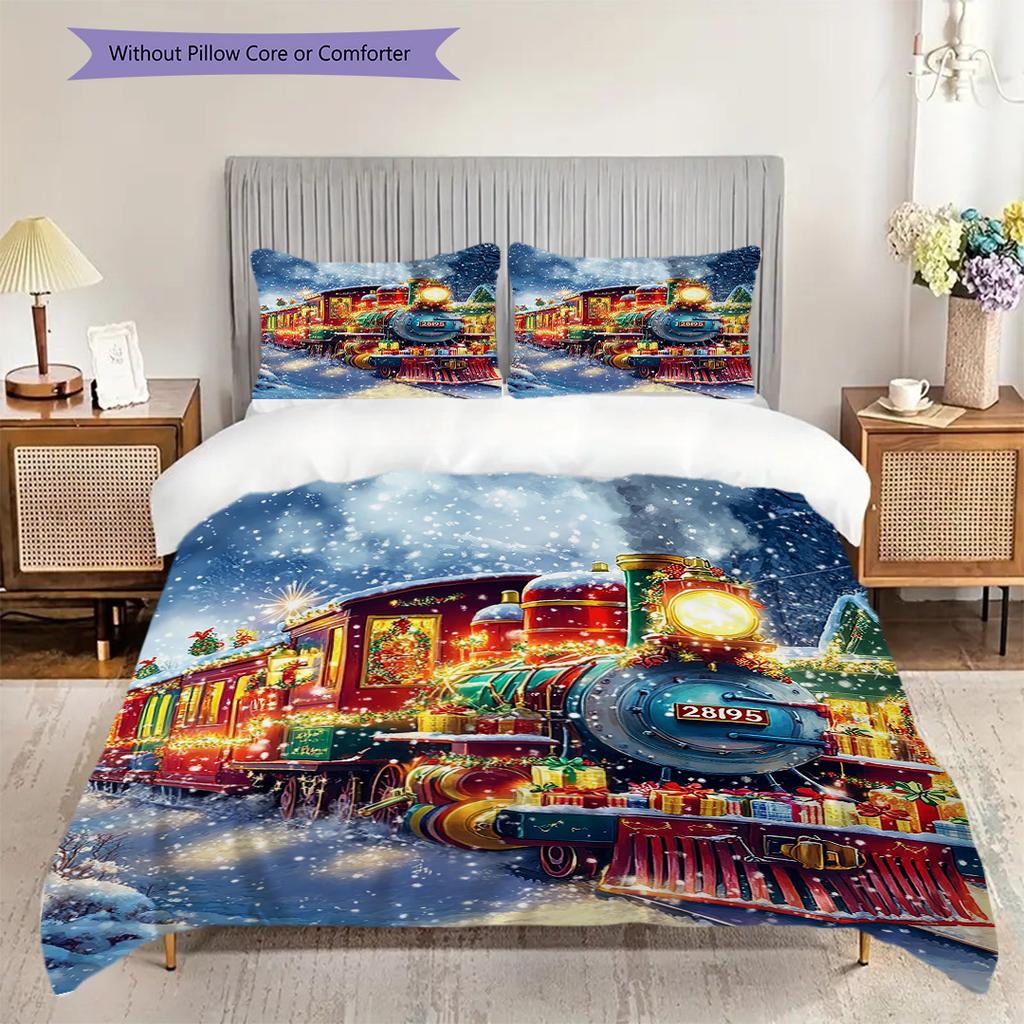 Train Pattern Bedding Quilt Set Quilt Cover Pillowcase Home Decoration Birthday Gift (1 * duvet cover + 2 * pillowcase, without core)