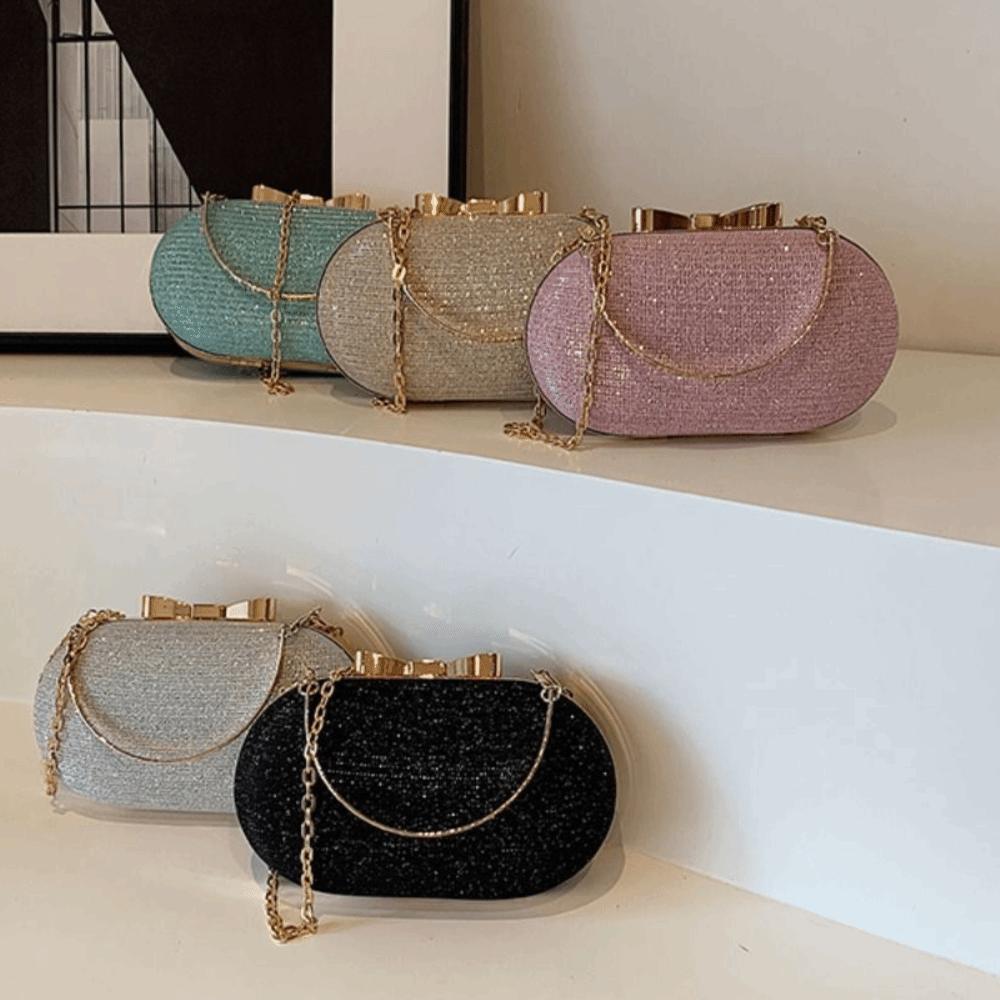 Elegant Sequined Glitter Evening Bag Bow Sparkling Shiny Clutch Bag Metal Chain Crossbody Bag Dinner