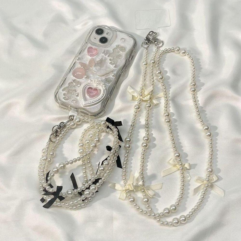 Pearl Bowknot Wallet Necklace Chain Bag Accessory Phone Anti Loss Lanyard  Wallet