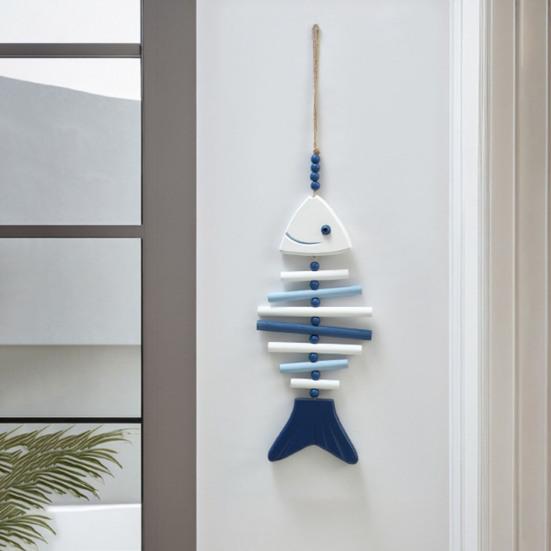 Wooden Hanging Fish Bone Decor Handmade Fish Skeleton Wall Art with Hemp Rope And Beads for Nautical Beach Theme Lake House Room Decor