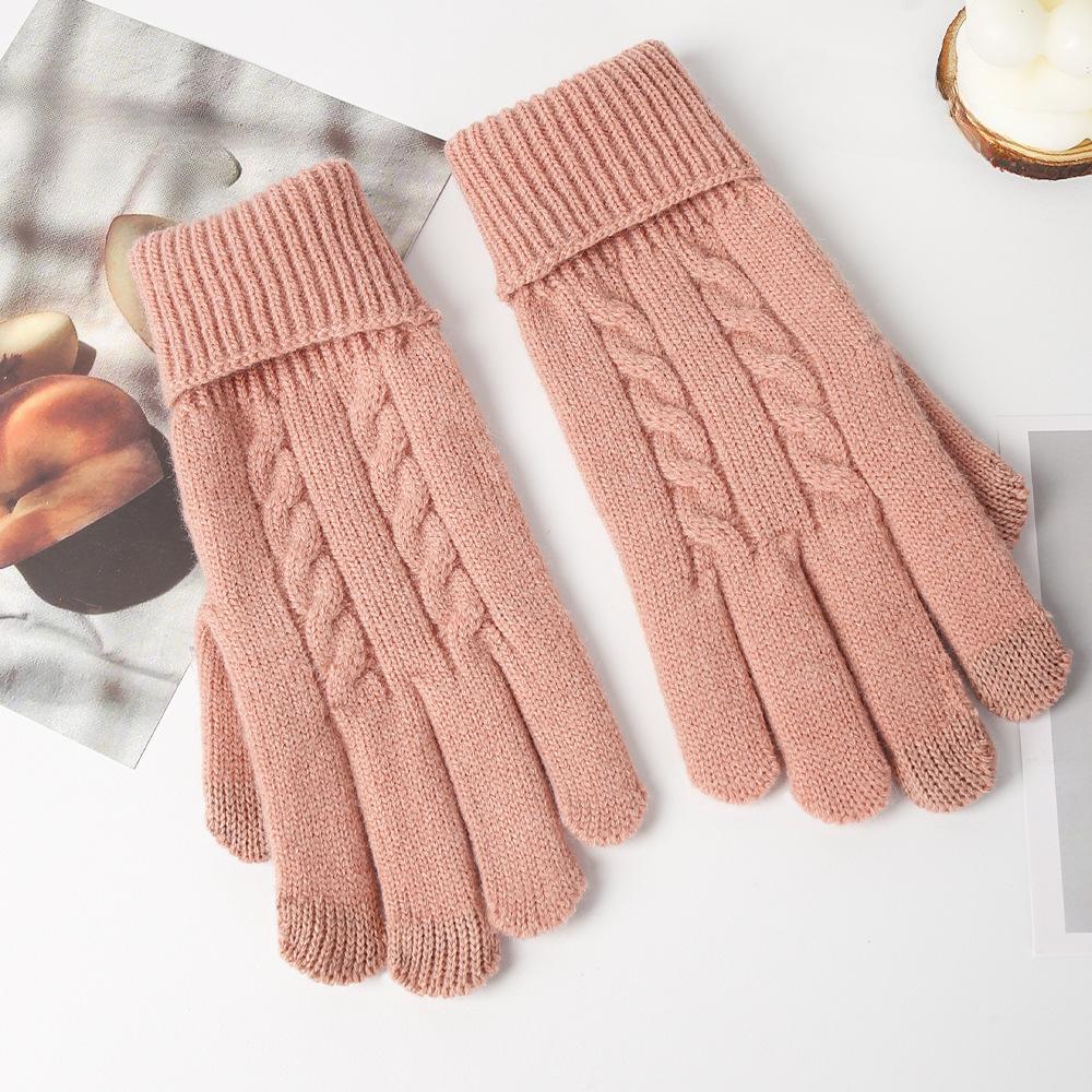Gestrickte Handschuhe für Damen Herbst und Winter Warme und Kältebeständige Handschuhe Outdoor Einfarbige Wollhandschuhe Touchscreen-Handschuhe