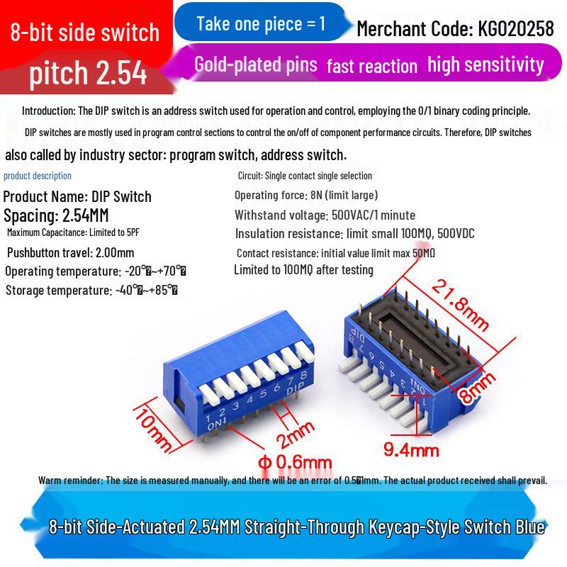 SMD DIP Switch, Flat Toggle, 2P 4-10 Positions, 2.54mm, Red/Blue/Black