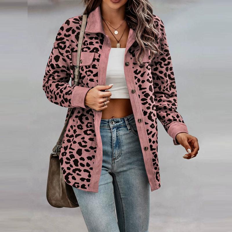 Flip Collar Cardigan Long Sleeved Leopard Printed Coat Women's Button Up High Street Fashion Autumn Jacket