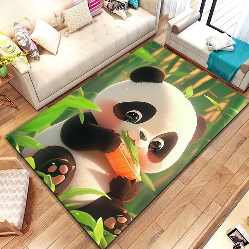 Uroczy dywanik z pandą do sypialni, pokoju zabaw, na sofę, dywan z naturalnych liści bambusa, kreskówkowy dziki zwierz dżungli, wewnętrzna mata podłogowa, wycieraczka