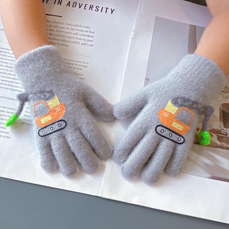 Children's Cute Excavator Winter Gloves - Ages 3-6, Five-Finger Design for Cold Protection