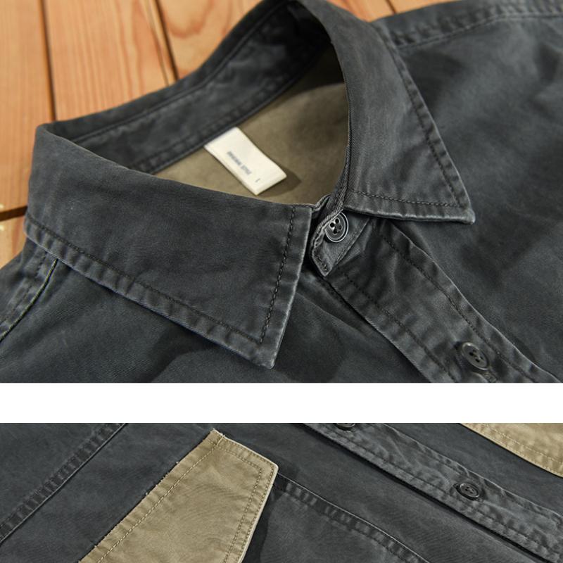 Men's Daily Sleeve Patch Washed Grain Woven Cotton Long Sleeve Shirt Tooling Retro Trend Youth Thin Coat