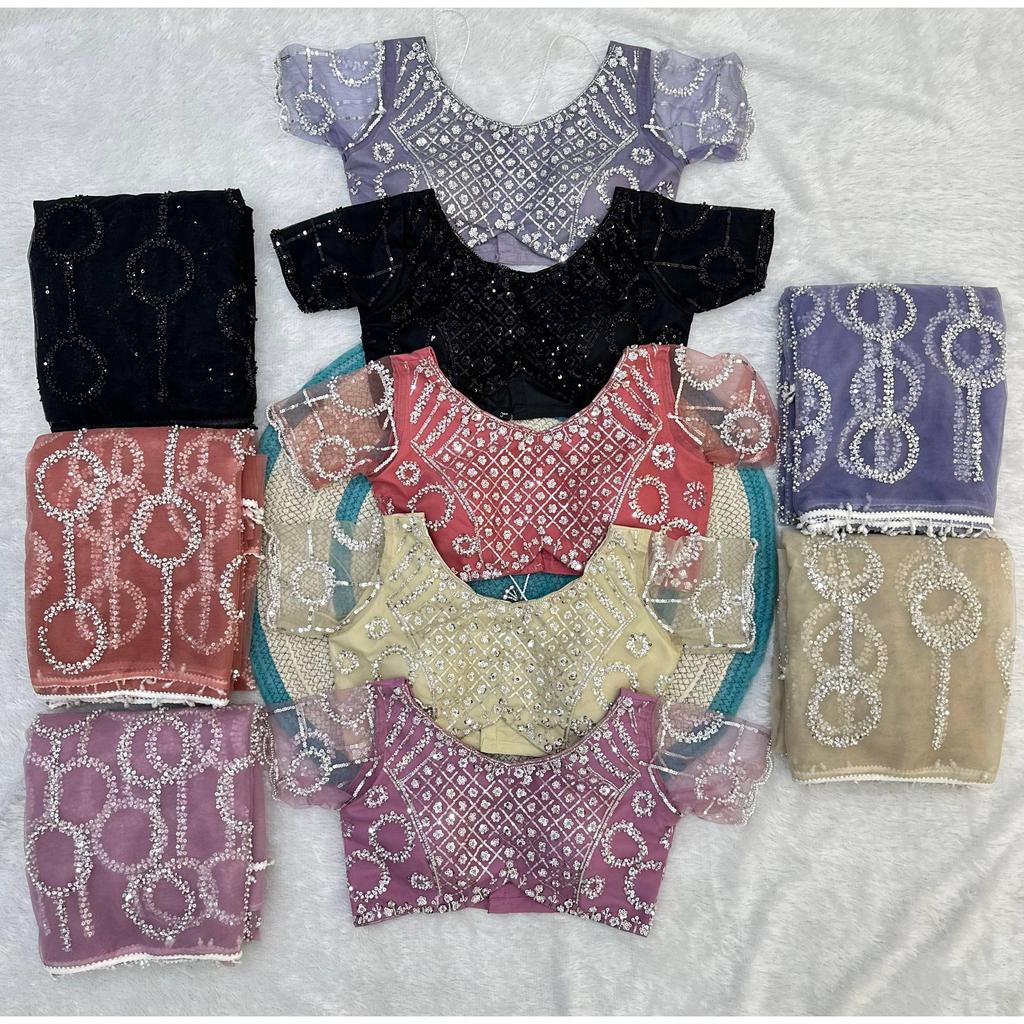 Hochwertiger Netz-Saree mit Perlen-, Pailletten- und Perlenstickerei