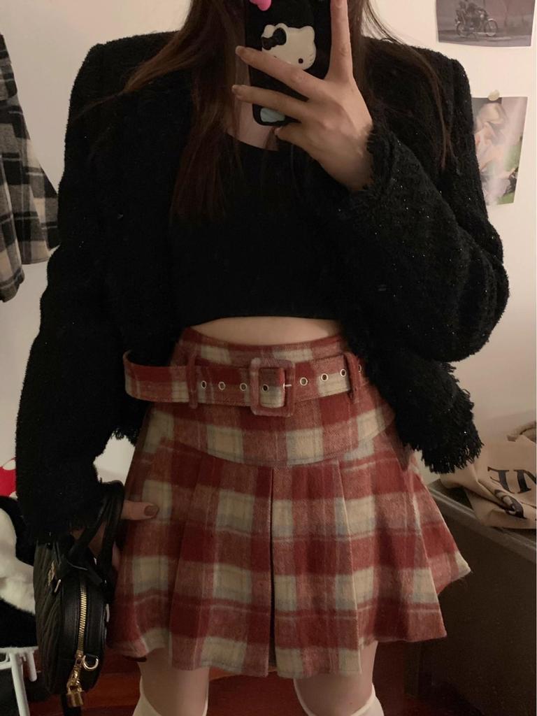 Autumn 2025 Women's High Waist Plaid Wool A-line Skirt with Belt