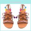 Elegantní Dámské Boho Sandály Gladiator Kožené Ploché Boty S Barevnými Pompony