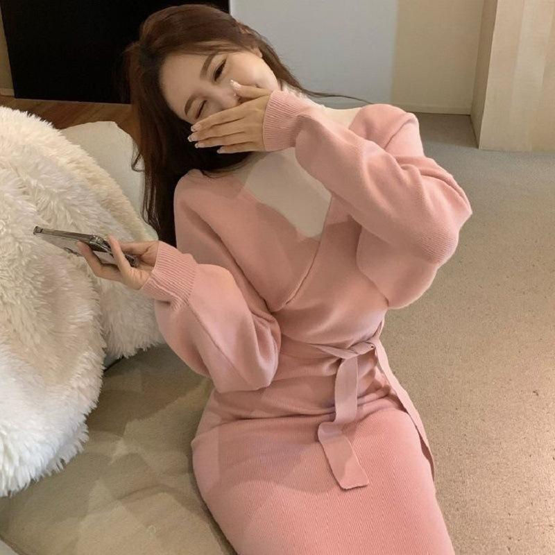 European and American sexy style autumn and winter hip-wrapped tight split-ended long dress off-the-shoulder crossed V-neck lace-up waist knitted dres