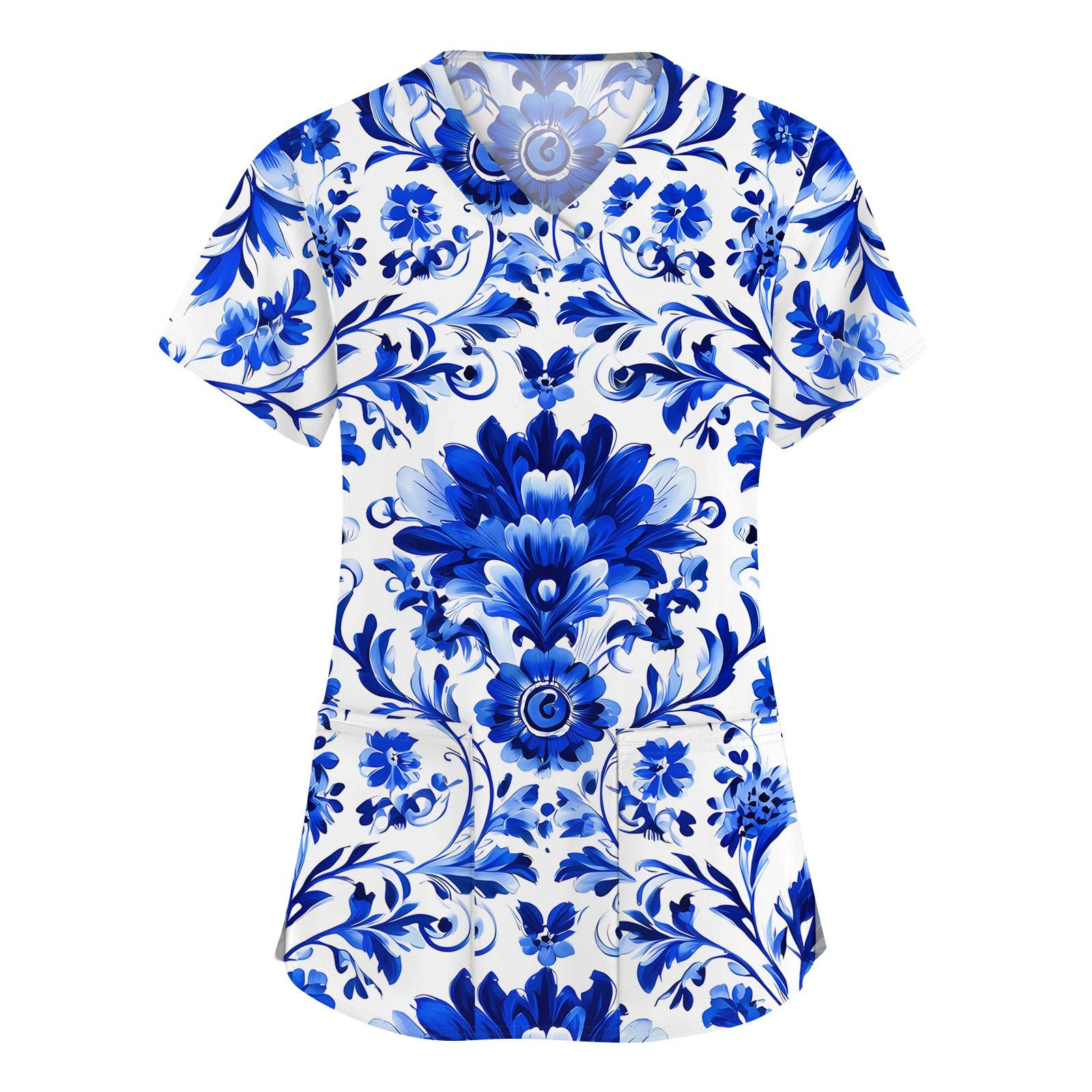 

Женская мода с v-образным вырезом, короткими рукавами и карманами, топы с принтом XXXXL