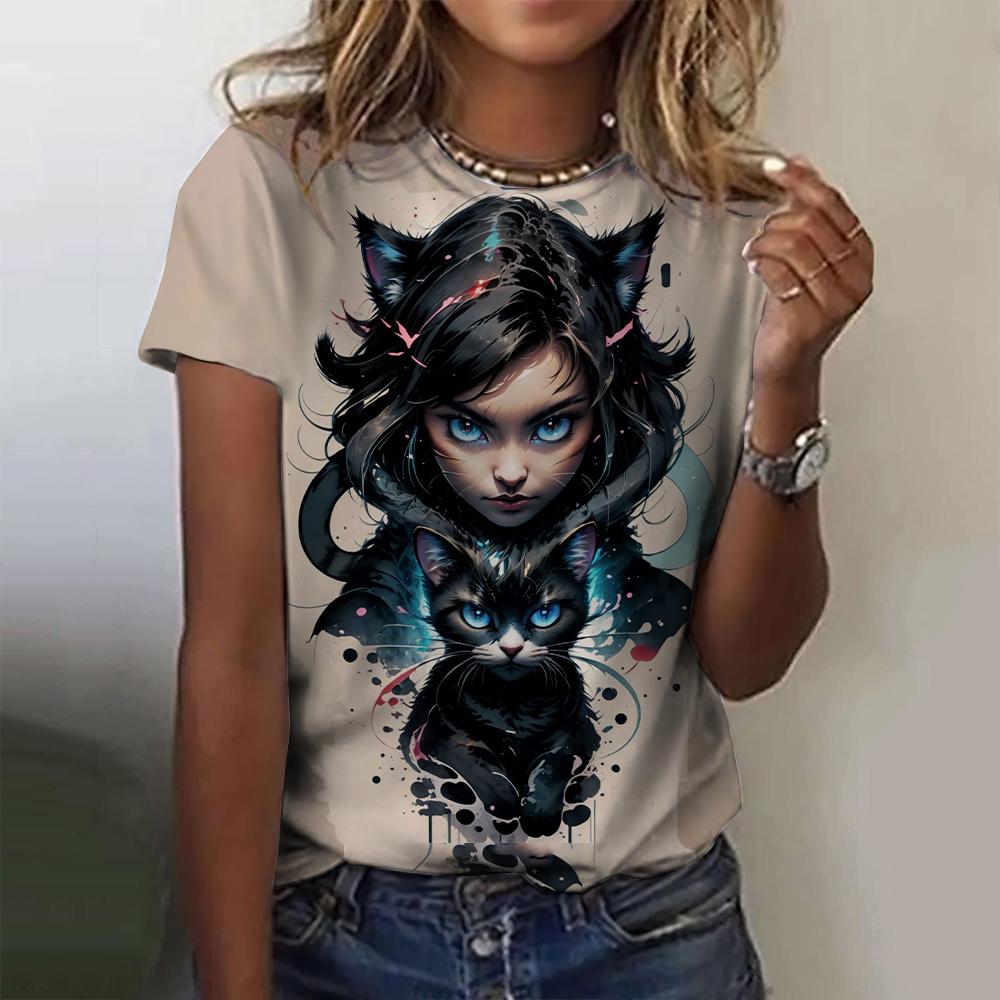 3D Printed Cartoon Style Floral Kitten Girl Pattern Women's T-shirt Summer Casual Round Neck Top Short Sleeve Loose T-shirt