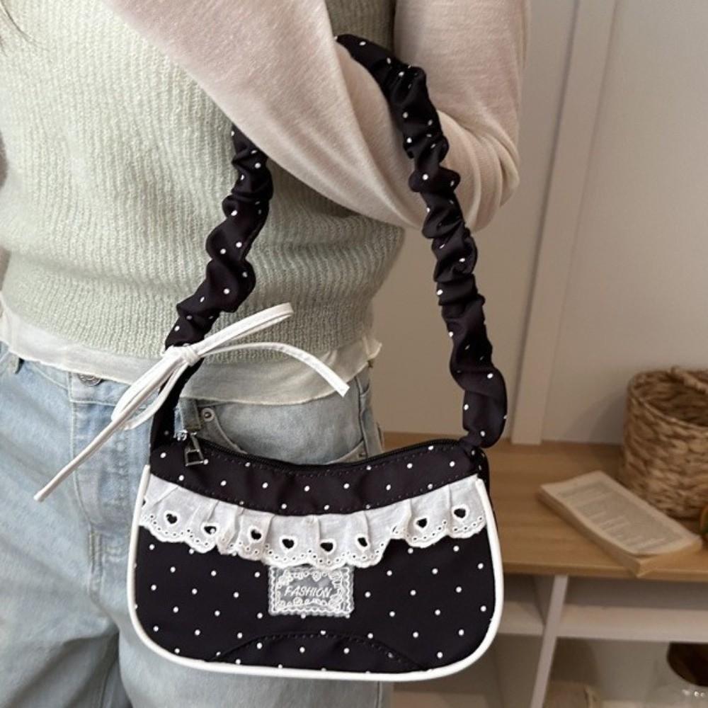 Drawstring Polka Dot Shoulder Bag Stretchable Strap French Stick Handbag Women