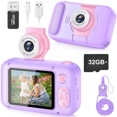 ARNSSIEN Kids Selfie Camera with Rotating 32GB Card Toy for Kids Ages Birthday Christmas Gift for Boys and X101 (Purple) 180° Lens, 2.4-inch Screen,