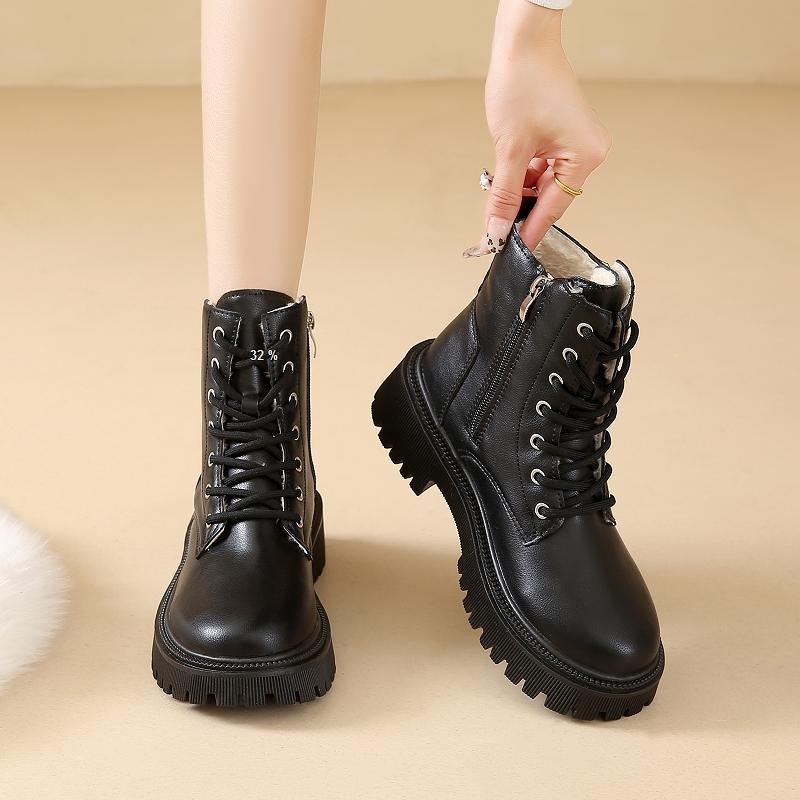 Thick-soled Velvet Martin Boots for Women's Winter 2025 New British Style Tooling Leather Boots Heightened and Thin Short Boots Size 42