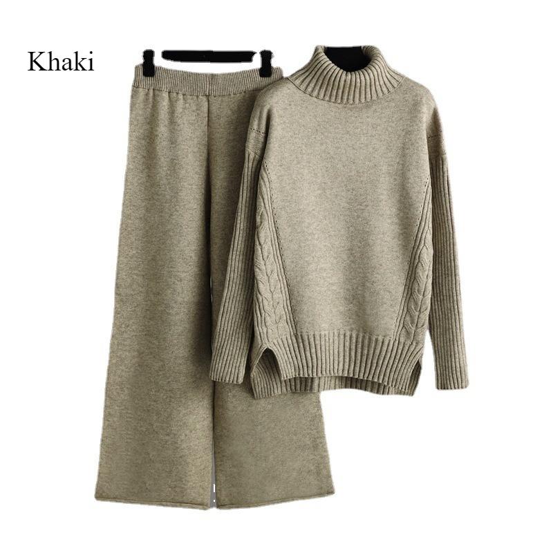 

Осенне-зимний новый свитер из 2 предметов для женщин, свободный костюм с высоким воротом в стиле ленивой моды для женщин, модные повседневные широкие брюки One size хаки