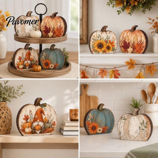 Harvest Home Decorations Thanksgiving Fall Pumpkin Table Decoration, Rustic Block Wooden Sign, Autumn Vintage Festival Ornaments Farmhouse Tabletop