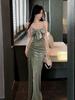 Elegant Velvet Bowknot Patchwork Camisole Dress - Slim Fit, High Slit, Hip-Hugging, Formal Long Gown