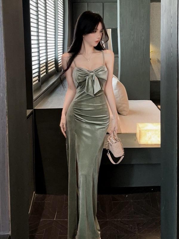 Elegant Velvet Bowknot Patchwork Camisole Dress - Slim Fit, High Slit, Hip-Hugging, Formal Long Gown