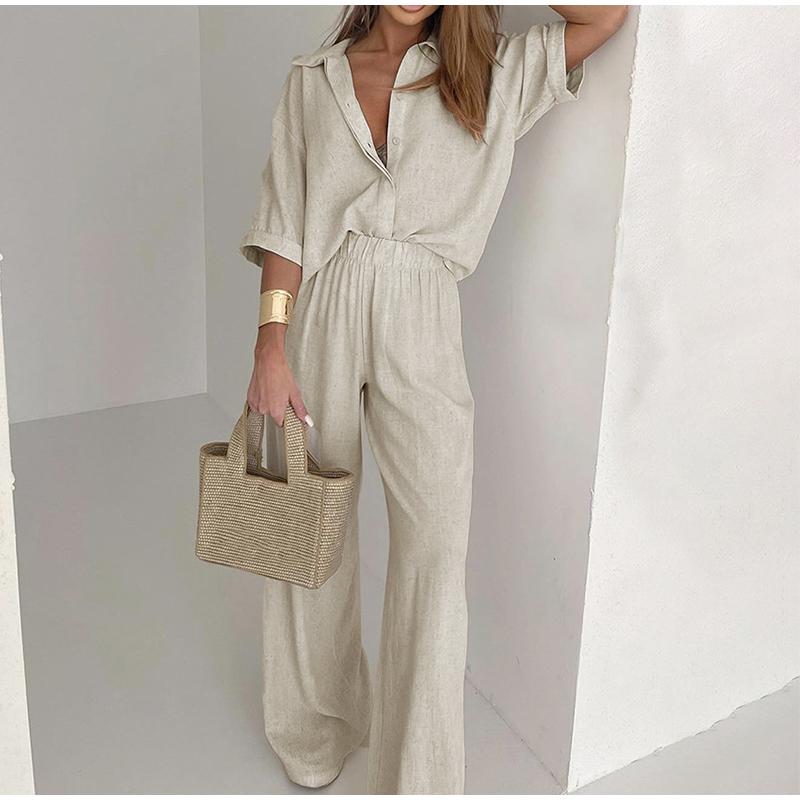 Women's Mid Sleeved Shirt and Wide Leg Pants Set with Solid Color Ruffle Decoration Women's Summer Set with Daily Casual Style Clothes