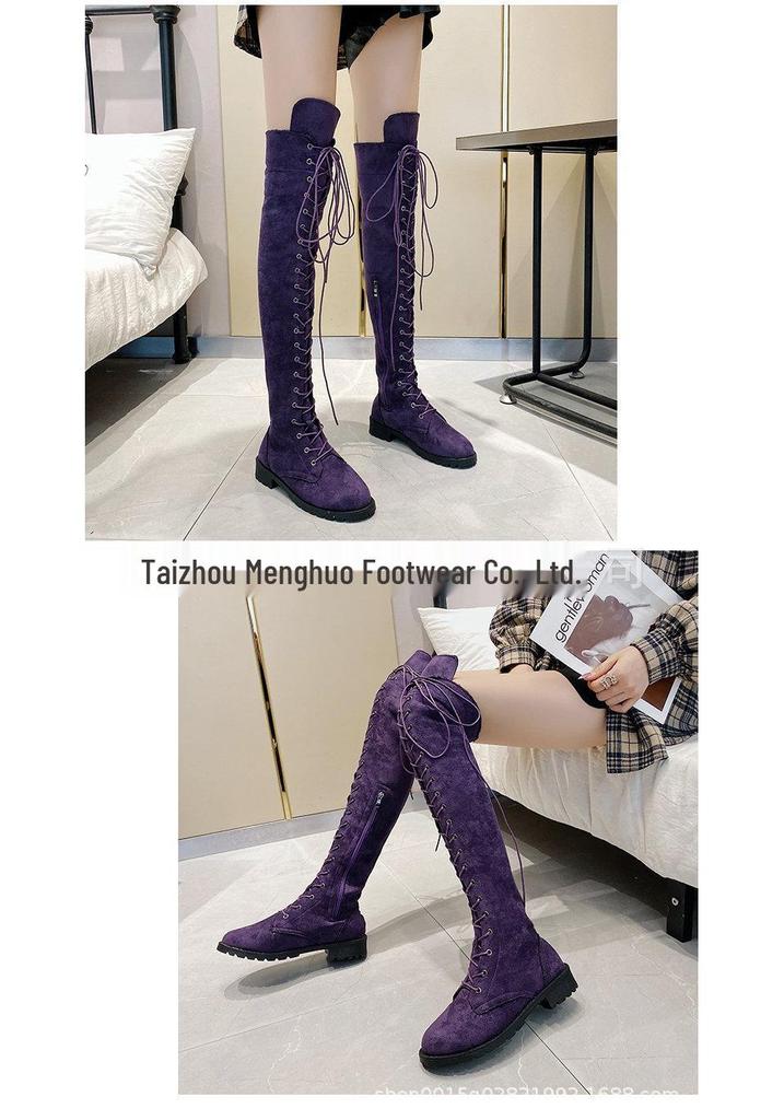New Women's Over-the-Knee Round-Toe Martin Boots, Size 43 - Stylish European & American Design, Flat-Bottomed, In Stock