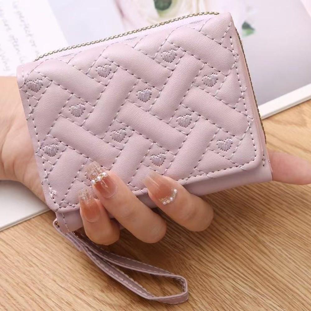 Versatile Embroidered Love Women's Wallet Zipper Buckle PU Leather Card Bag Large Capacity Mini Clutch Ladies