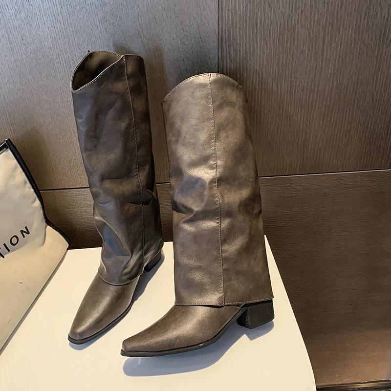 Fashion Autumn Winter Vintage Woman Knee High Boots Shoes Square Heels Ladies Shoes Concise Slip On Trouser Legs Long Botas