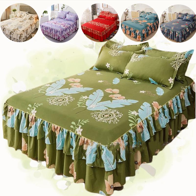 3pc Tropical Floral Bed Skirt Set Includes 1Non-slip Lace Bed Skirt And 2 Decorative Pillowcases All-season Polyester Bedding Ruffles Machine Washable
