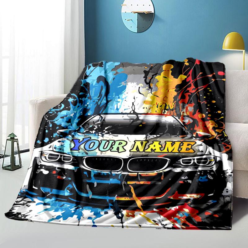 1PC Custom Name Car Artwork" Flannel Blanket Versatile, All-season Throw Suitable for the Living Room, Bedroom, Camping, Travel, and Gift